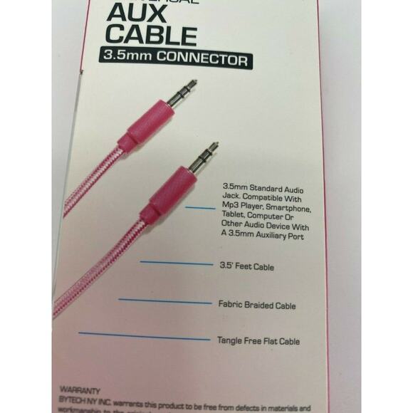 ByTech Universal Pink Aux Cable 3.5mm Connector 3.5 Feet NEW Music - Picture 7 of 8